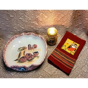 Pumpkin Deep Dish Pottery Pie Plate Spongeware Hand Painted, Candleholder, Towel